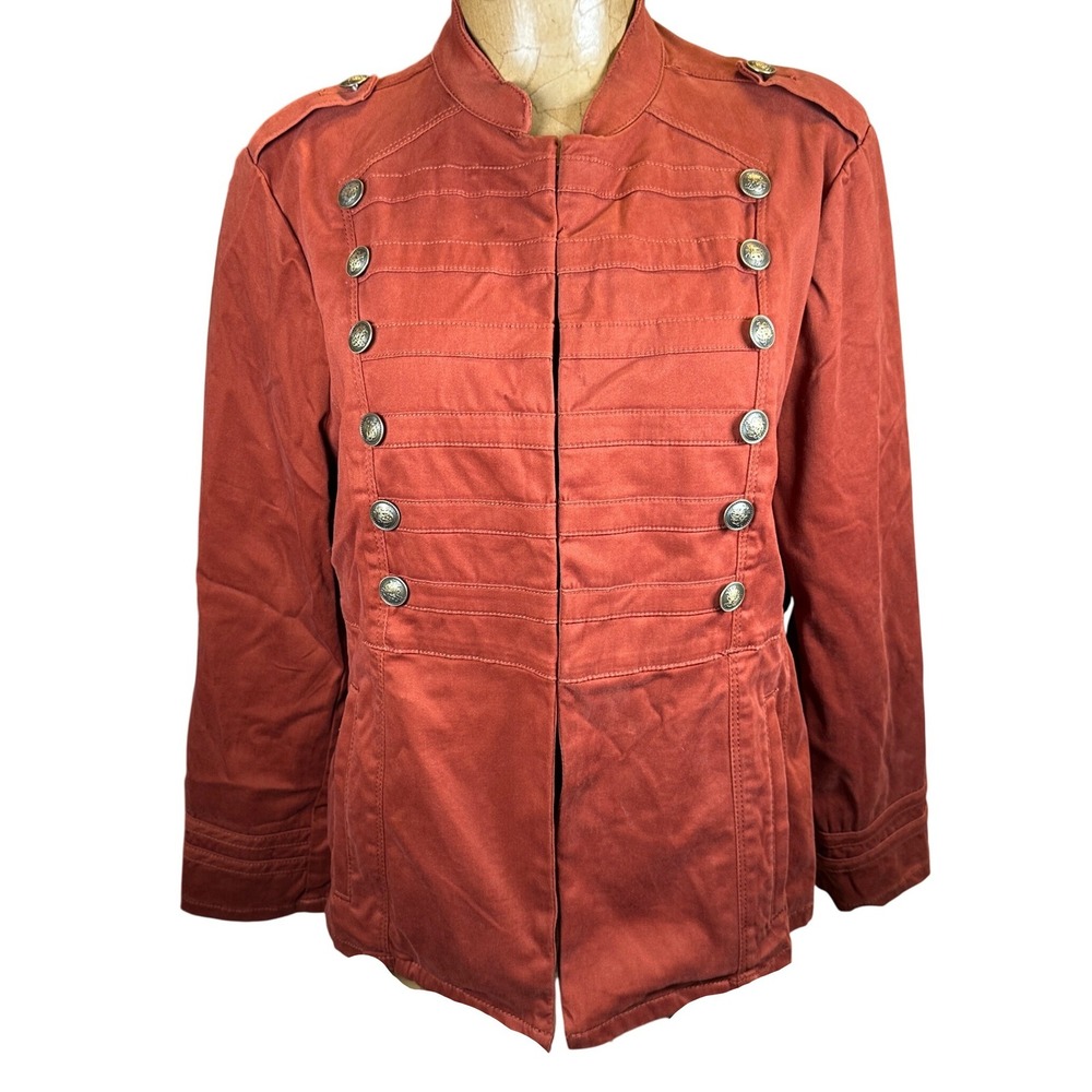 Chico's Red Rust Military Band Jacket Petite 2P US 12/14P Cotton Steampunk‎ Fall